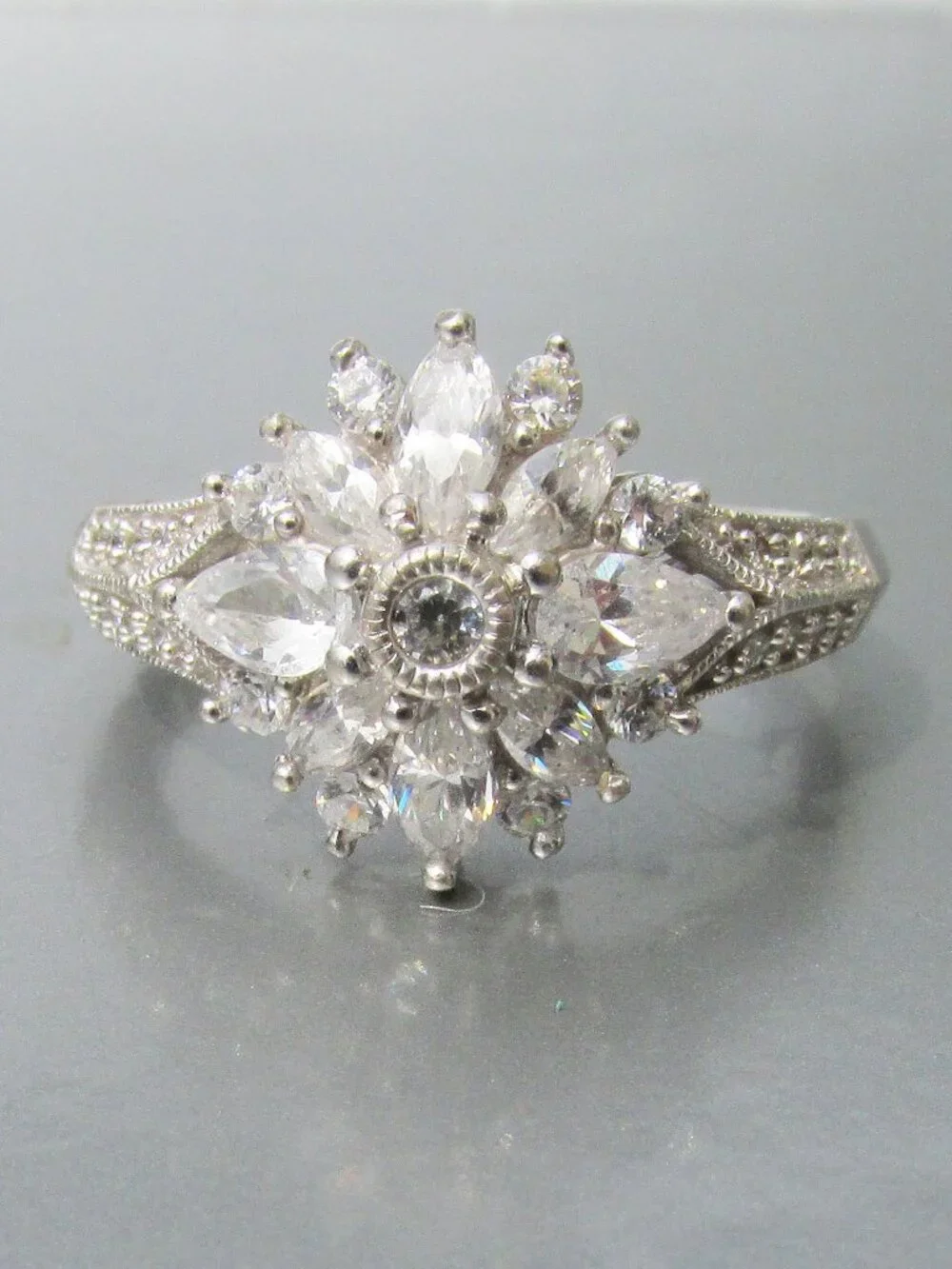 Vintage Signed Marquise CZ Flower Cluster Cocktail Ring Sterling Silver Sz 8